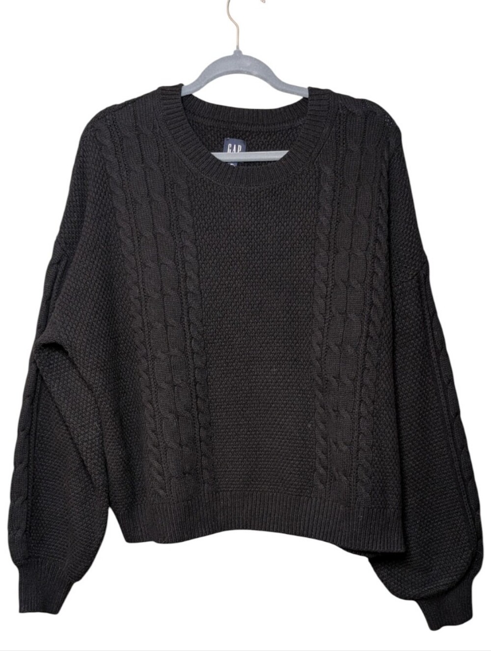 GAP Black Cable Knit Crewneck Sweater Balloon Sleeve Women's 449457 size XL